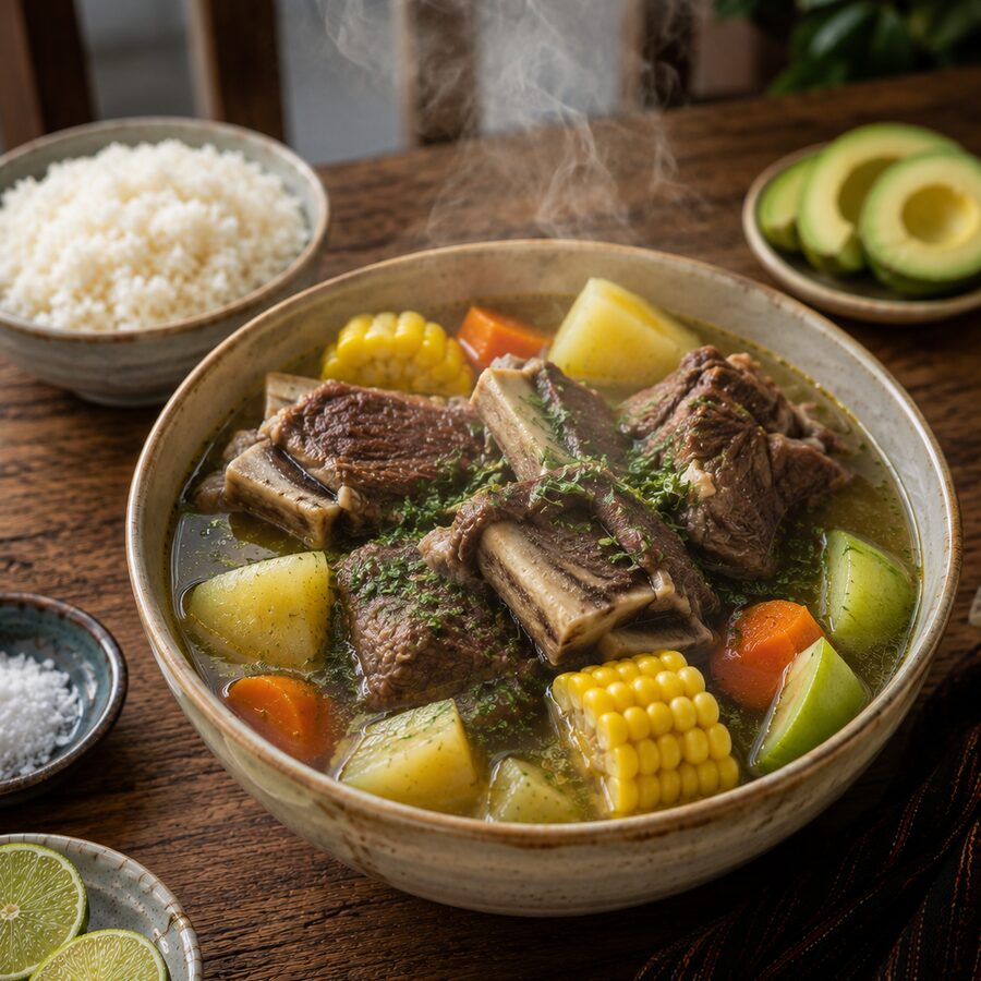 Caldo de res y costilla con verduras