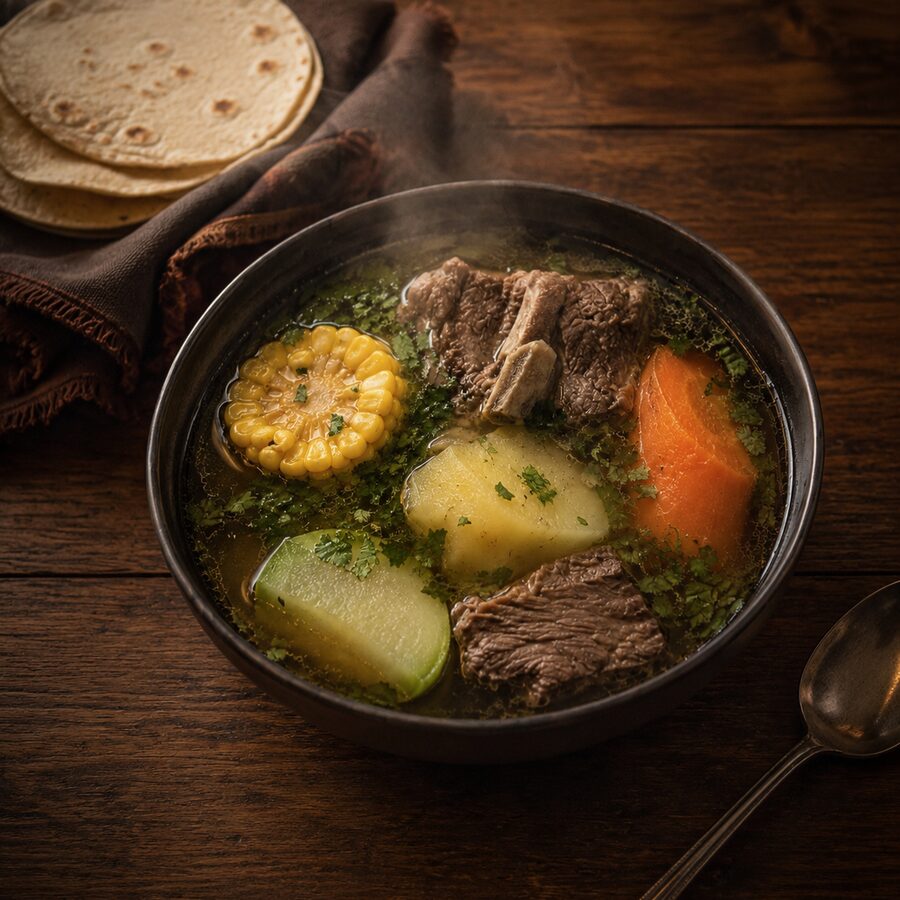 Caldo de res con verduras servido con tortillas