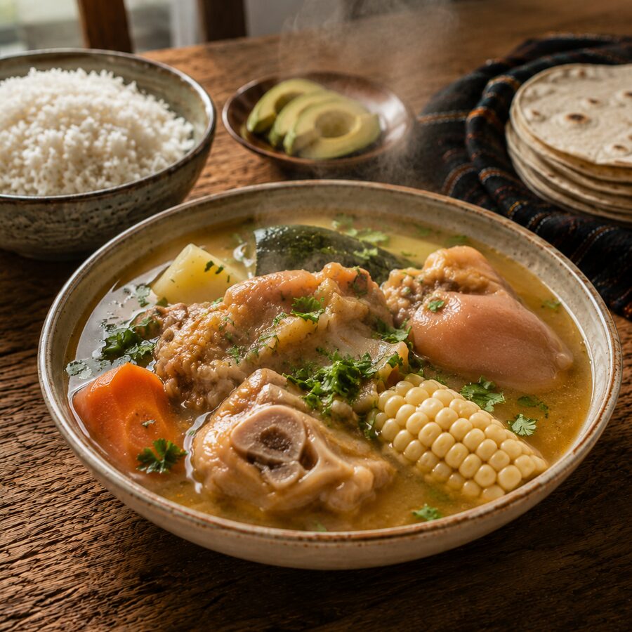 Caldo de pata con elote, zanahoria y cilantro